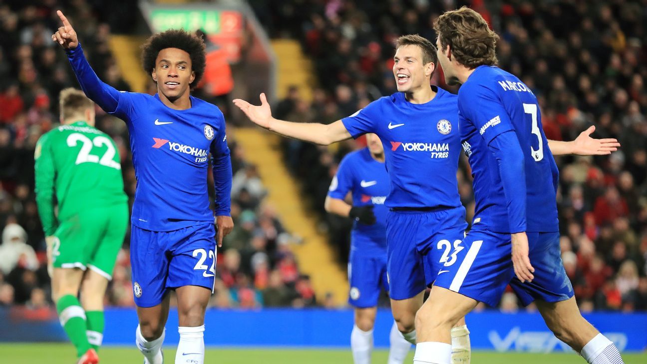 Willian scores leveller as Chelsea hold Liverpool to draw