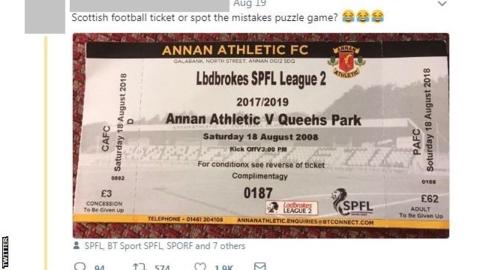 'Kick-off is in 2008, entry is £62' - the Annan match ticket filled with mistakes