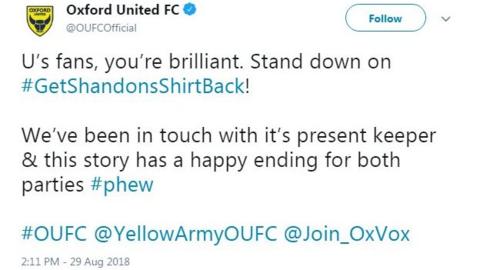 Panic over! Oxford striker reunited with goalscoring shirt