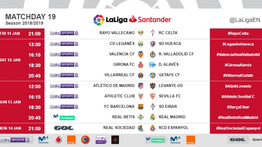 Kick-off times (CET) for Matchday 19 in #LaLigaSantander 2018/19
