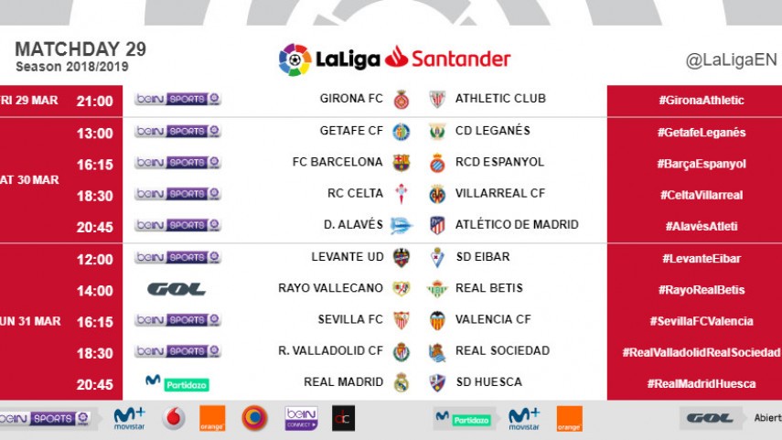 Kick-off times (CET) for Matchday 29 in LaLiga Santander