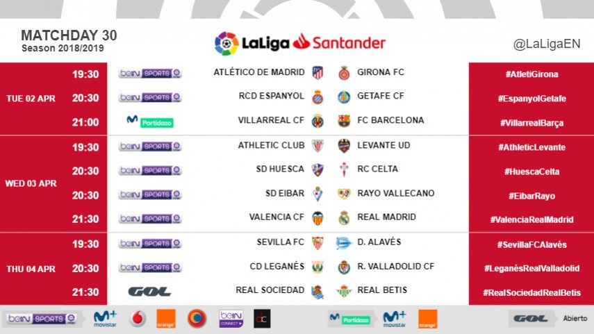 Kick-off times (CET) for Matchday 30 in LaLiga Santander