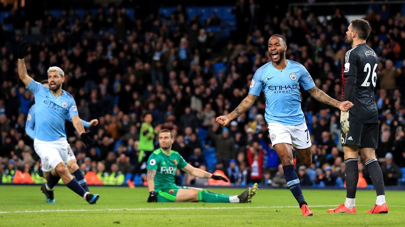 Man City open up four point lead over Liverpool thanks to Sterling hat-trick