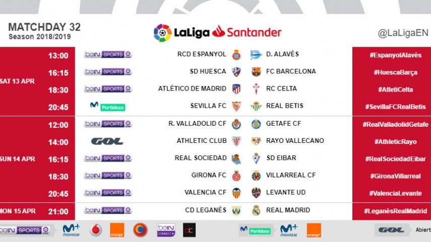 Kick-off times (CET) for Matchday 32 in #LaLigaSantander 2018/19