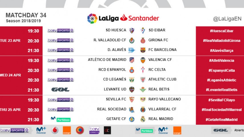 Kick-off times (CET)  for Matchday 34 in LaLiga Santander 2018/19