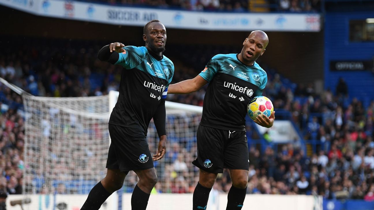 Charity goals: Bolt nets as World XI beat England