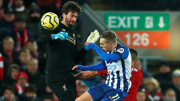 Liverpool 2-1 Brighton & Hove Albion: Leaders move 11 points clear despite Alisson red card