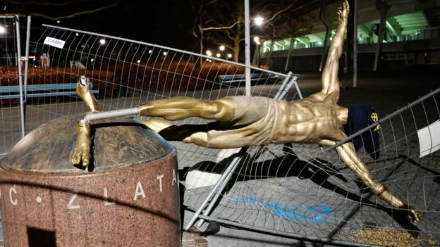 Zlatan Ibrahimovic statue sawn off at ankles and toppled in Malmo