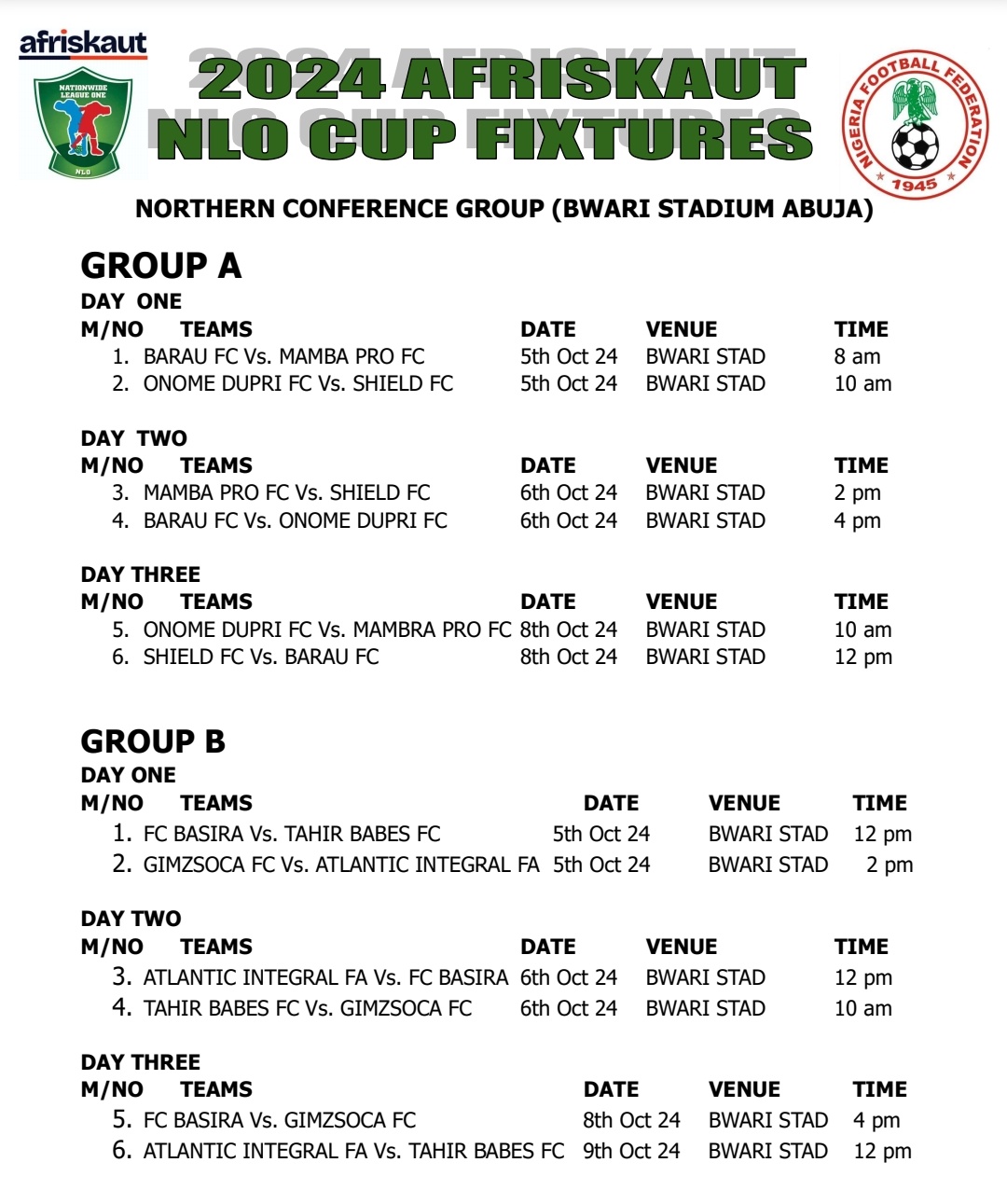 2024 Afriskaut NLO Cup - league body release fixtures