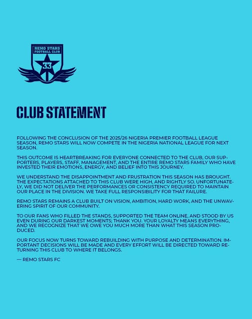 Remo Stars Promise Immediate NPFL Return After Shock Relegation