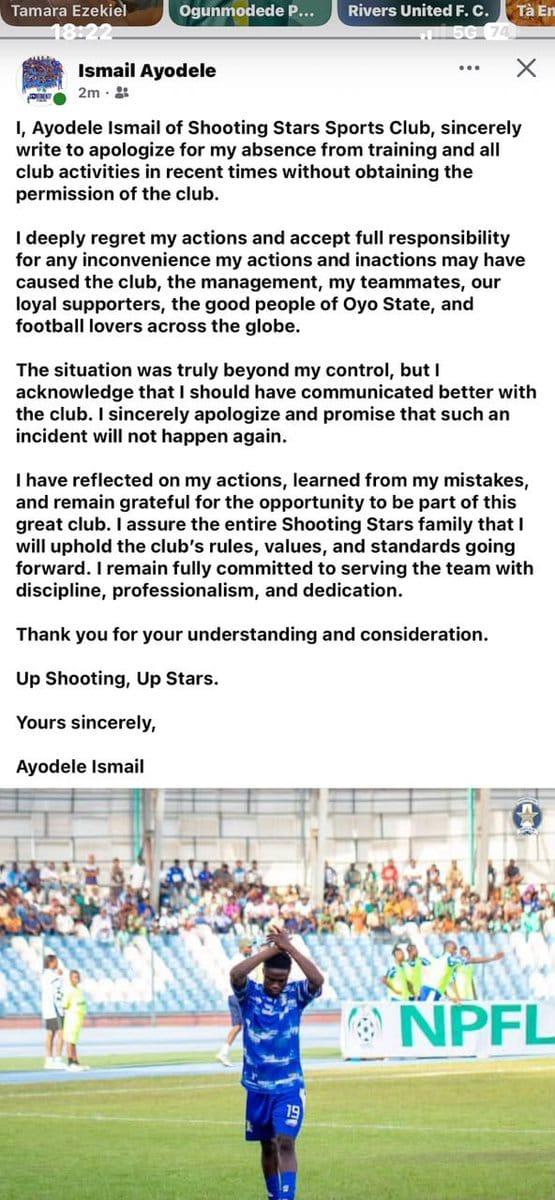 Ayodele Apologises to Shooting Stars After Unauthorised Absence